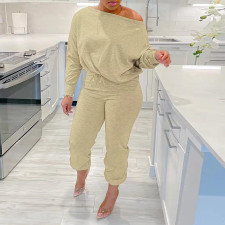 Plus Size Soldi Color Casual Sweatshirt Two Piece Pants Set NY-10605
