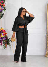Solid Color Lapel Long Sleeve Shirt Two Piece Pants Set BLX-63007