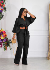 Solid Color Lapel Long Sleeve Shirt Two Piece Pants Set BLX-63007