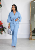 Solid Color Lapel Long Sleeve Shirt Two Piece Pants Set BLX-63007