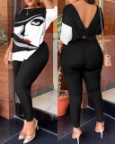 Plus Size Casual Backless Printed Pants Two Piece Set GSRX-9074