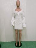 Sexy Solid Square Collar Puff Sleeve Mini Dress BN-9292