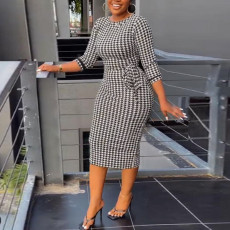 Plus Size Houdstooth Print Long Sleeve Bodycon Dress NY-10599