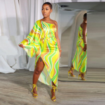 Plus Size Printed Irregular Slant Shoulder Split Maxi Dress NY-10598