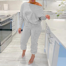 Plus Size Soldi Color Casual Sweatshirt Two Piece Pants Set NY-10605