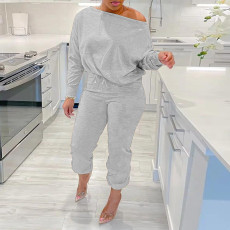 Plus Size Soldi Color Casual Sweatshirt Two Piece Pants Set NY-10605