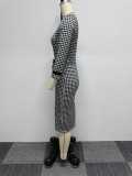 Plus Size Houdstooth Print Long Sleeve Bodycon Dress NY-10599