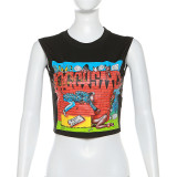 Cartoon Print Short Slim Sleeveless Tops  XEF-33700