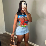 Cartoon Print Short Slim Sleeveless Tops  XEF-33700
