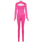 Solid Sexy Hollow Out Long Sleeve Tight 2 Piece Pants Set XEF-34568