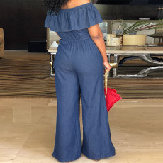 Plus Size Solid Color One Shoulder Denim Jumpsuit GDAM-218298