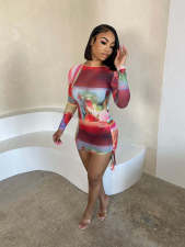 Sexy Print Mesh Long Sleeve Drawstring Two Piece Set ME-8436