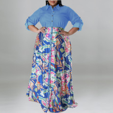 Plus Size Fashion Print Patchwork Long Sleeve Maxi Dress GDAM-218310