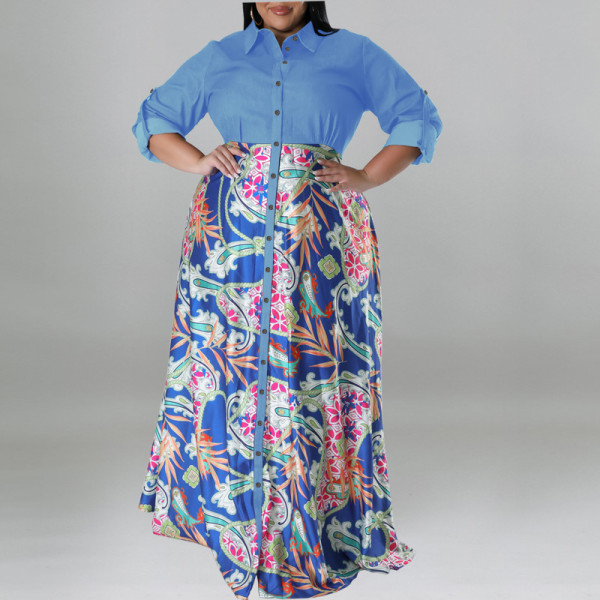 Plus Size Fashion Print Patchwork Long Sleeve Maxi Dress GDAM-218310
