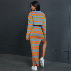 Stripe Print Contrast Color High Slit Long Skirt XEF-34353