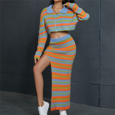 Stripe Print Contrast Color High Slit Long Skirt XEF-34353