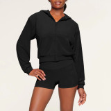 Solid Color Hooded Long Sleeve Two Piece Shorts Set YD-8774