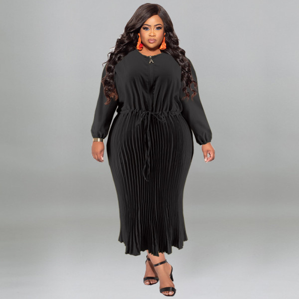 Plus Size Solid Color Zipper Pleated Maxi Dress GDAM-218312
