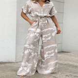Plus Size Print Short Sleeve Wide Leg Loose Jumpsuit GDAM-218297