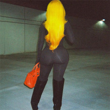 Solid Sexy Hollow Out Long Sleeve Tight 2 Piece Pants Set XEF-34568