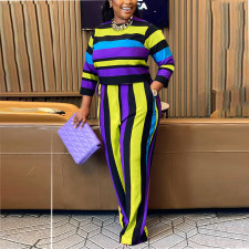 Plus Size Stripe Print Long Sleeve Pants Two Piece Set GDAM-218303