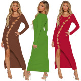 Sexy Hollow Out Long Sleeve Slit Maxi Dress YD-8776