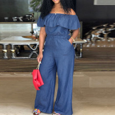 Plus Size Solid Color One Shoulder Denim Jumpsuit GDAM-218298