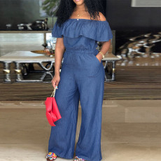Plus Size Solid Color One Shoulder Denim Jumpsuit GDAM-218298