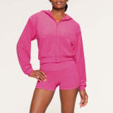 Solid Color Hooded Long Sleeve Two Piece Shorts Set YD-8774