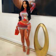 Sexy Print Mesh Long Sleeve Drawstring Two Piece Set ME-8436
