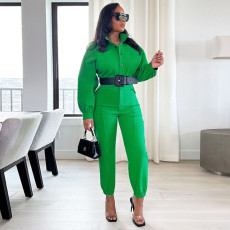 Solid Color Long Sleeve Lapel Jumpsuit(Without Waist Belt) GDNY-2249