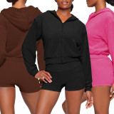 Solid Color Hooded Long Sleeve Two Piece Shorts Set YD-8774