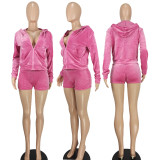 Solid Color Hooded Long Sleeve Two Piece Shorts Set YD-8774