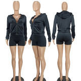 Solid Color Hooded Long Sleeve Two Piece Shorts Set YD-8774