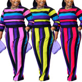 Plus Size Stripe Print Long Sleeve Pants Two Piece Set GDAM-218303