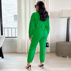 Solid Color Long Sleeve Lapel Jumpsuit(Without Waist Belt) GDNY-2249