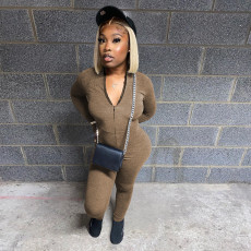 Casual Solid Color Zipper Jumpsuit WMEF-20035