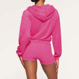 Solid Color Hooded Long Sleeve Two Piece Shorts Set YD-8774