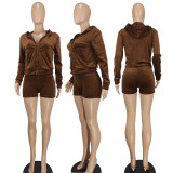 Solid Color Hooded Long Sleeve Two Piece Shorts Set YD-8774