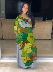 Plus Size Map Print Long Sleeve Big Swing Maxi Dress GDNY-2251