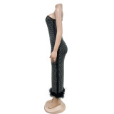 One-Shoulder Mesh Hot Drill Feather Maxi Dress BY-6666