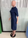 Fashion Slim Single Breasted Half Sleeve Denim Midi Dress LX-3558