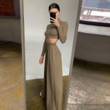 Solid Long Sleeve Crop Tops And Pants Two Piece Set FL-21290