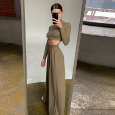 Solid Long Sleeve Crop Tops And Pants Two Piece Set FL-21290