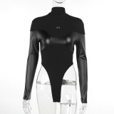 Leather Patchwork Long Sleeve Skinny Bodysuit FL-23385