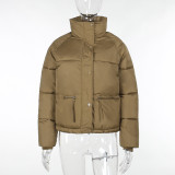 Long Sleeve Standing Collar Solid Color Cotton Jacket FL-23469