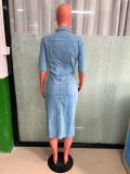Fashion Slim Single Breasted Half Sleeve Denim Midi Dress LX-3558