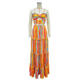 Sexy Stripe Print Wrap Chest Tops And Skirt Two Piece Set BY-6646