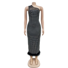 One-Shoulder Mesh Hot Drill Feather Maxi Dress BY-6666