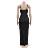 Solid Color Mesh Patchwork Hollow Out Maxi Dress BY-6653